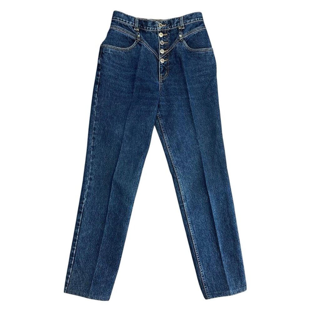High-Rise Dark Blue Womens Jeans with Button Fly